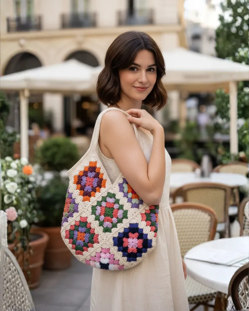 Bolsa de crochê em quadradinhos